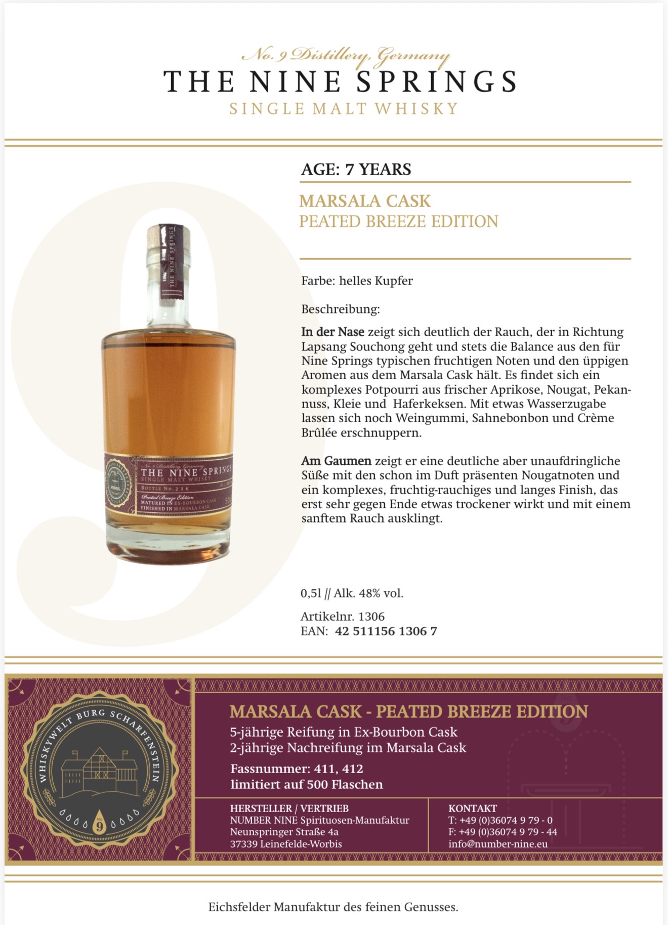 The Nine Springs Peated Breeze PX & Marsala 48 %Vol. 0,5l