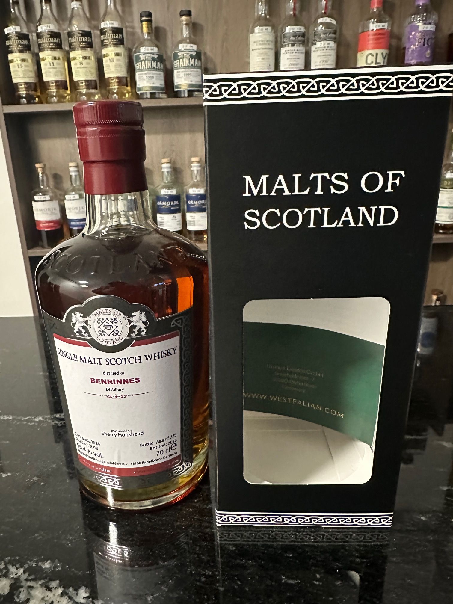 Malts of Scotland Benrinnes 2008 Sherry Hogshead- 56.4 %Vol 278 Bottles- Distilled 2008 Bottled 2023