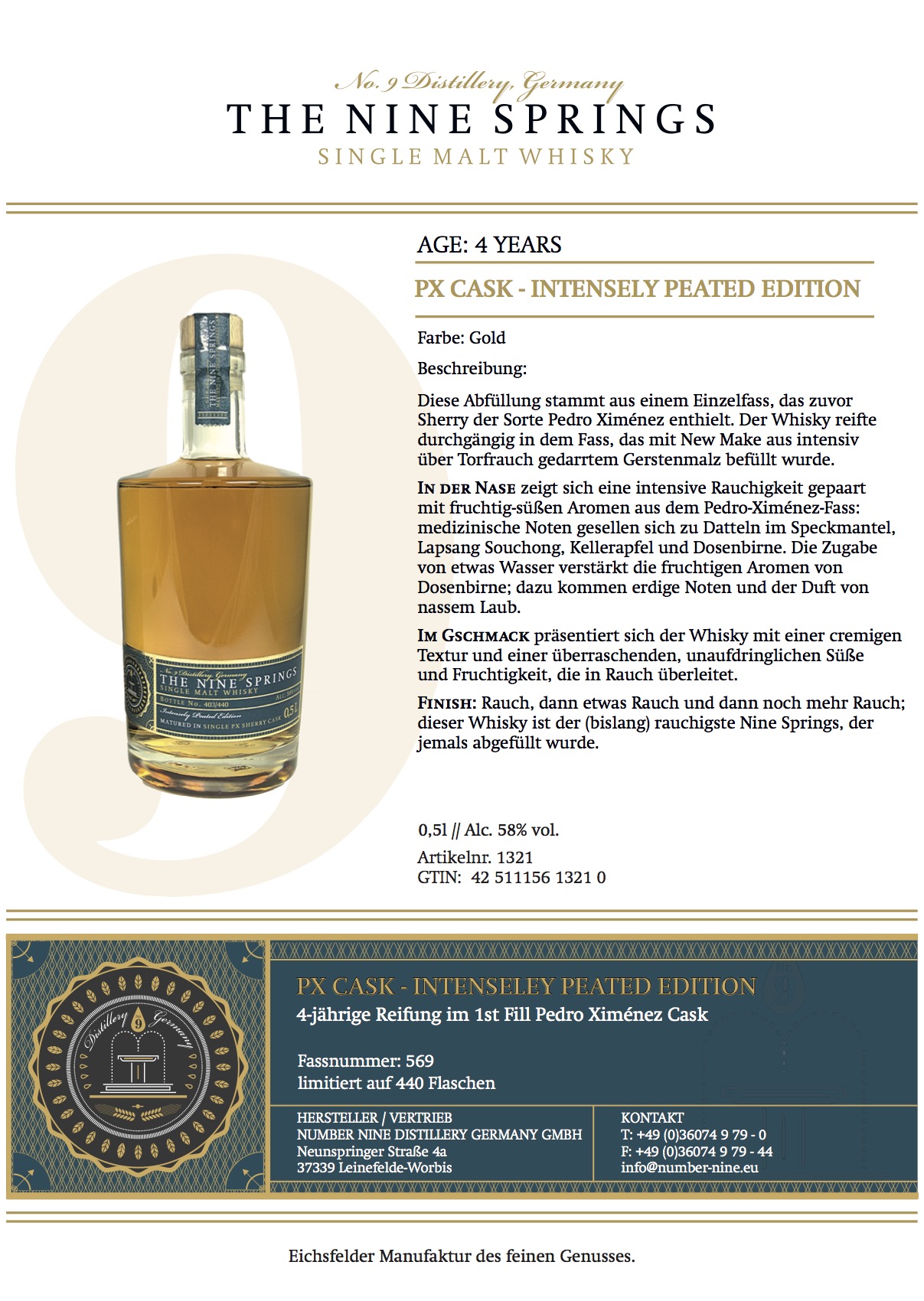 The Nine Springs Intensely Peated  Edition 4 y  1st Fill Pedro Ximenez Cask 58 %Vol 0,5 l